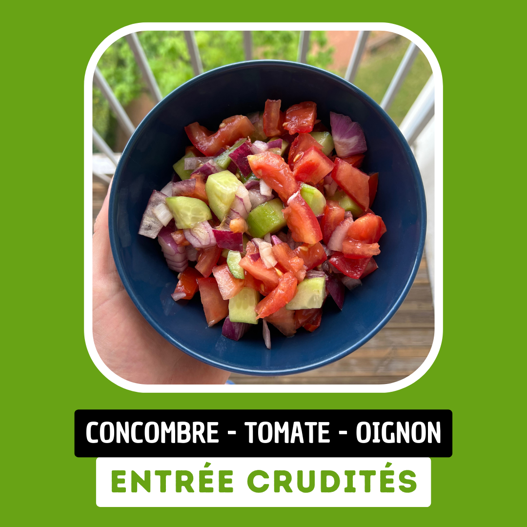 Fiche de la recette de crudités composée de concombre, de tomates, et d'oignon rouge.