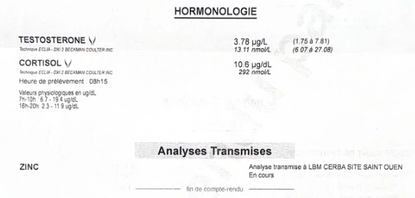 Dosage testostérone et cortisol sur un bilan sanguin d'un triathlète