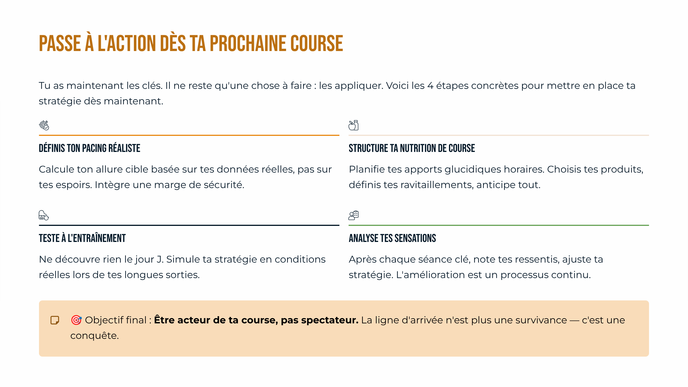 Ce que tu dois faire pour ne plus subir ta prochaine course à pied, de trail, de triathlon, de cyclisme
