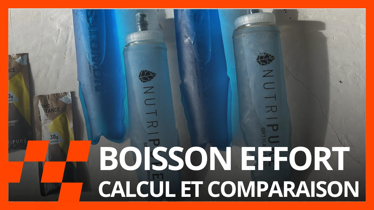 Quatre flasques souples et deux gels énergétiques, avec le texte « Boisson effort, calcul et comparaison »