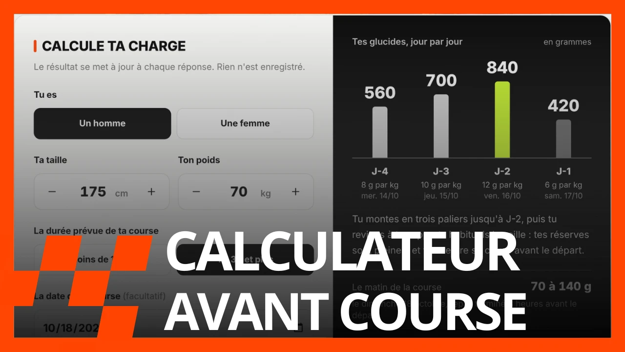 Aperçu du calculateur de charge glucidique : les glucides à manger chaque jour, de J-4 à J-1, pour un sportif de 70 kg