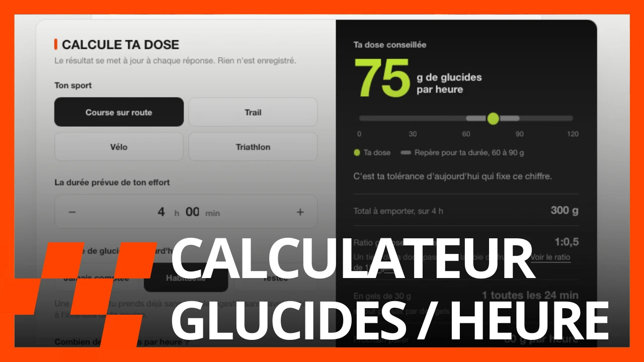 L'écran du calculateur de glucides par heure, sa dose conseillée et son total à emporter, avec le texte « Calculateur glucides / heure »