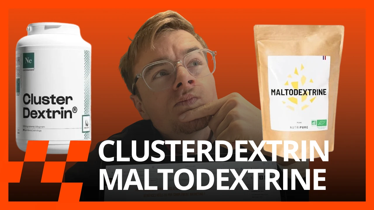 Florian Mouchel entre un pot de Cluster Dextrin et un sachet de maltodextrine, visuel Nutriocus
