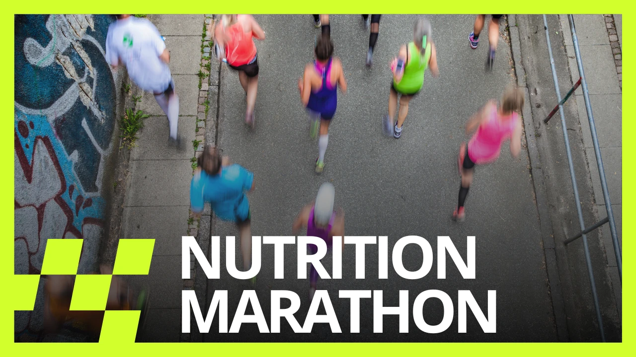 Coureurs vus du dessus pendant un marathon, avec le texte « Nutrition marathon »