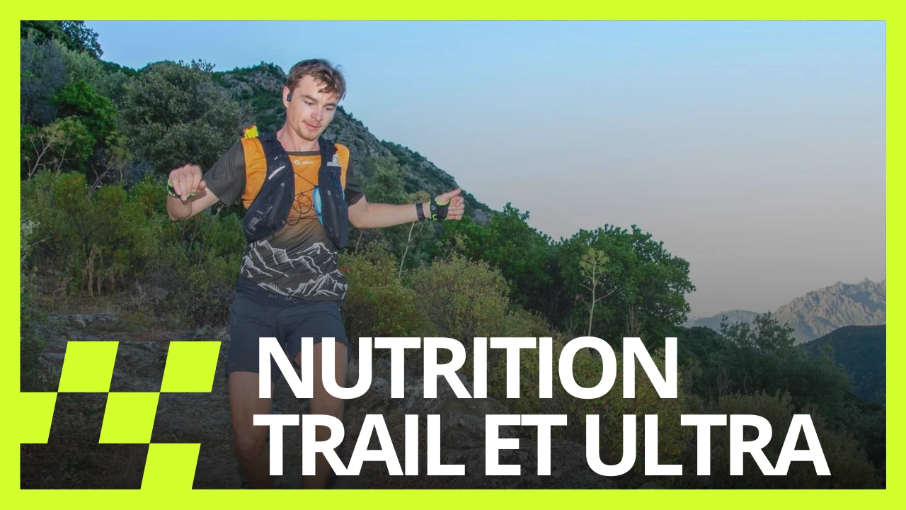 Traileur en descente sur un sentier de montagne, avec le texte « Nutrition trail et ultra »