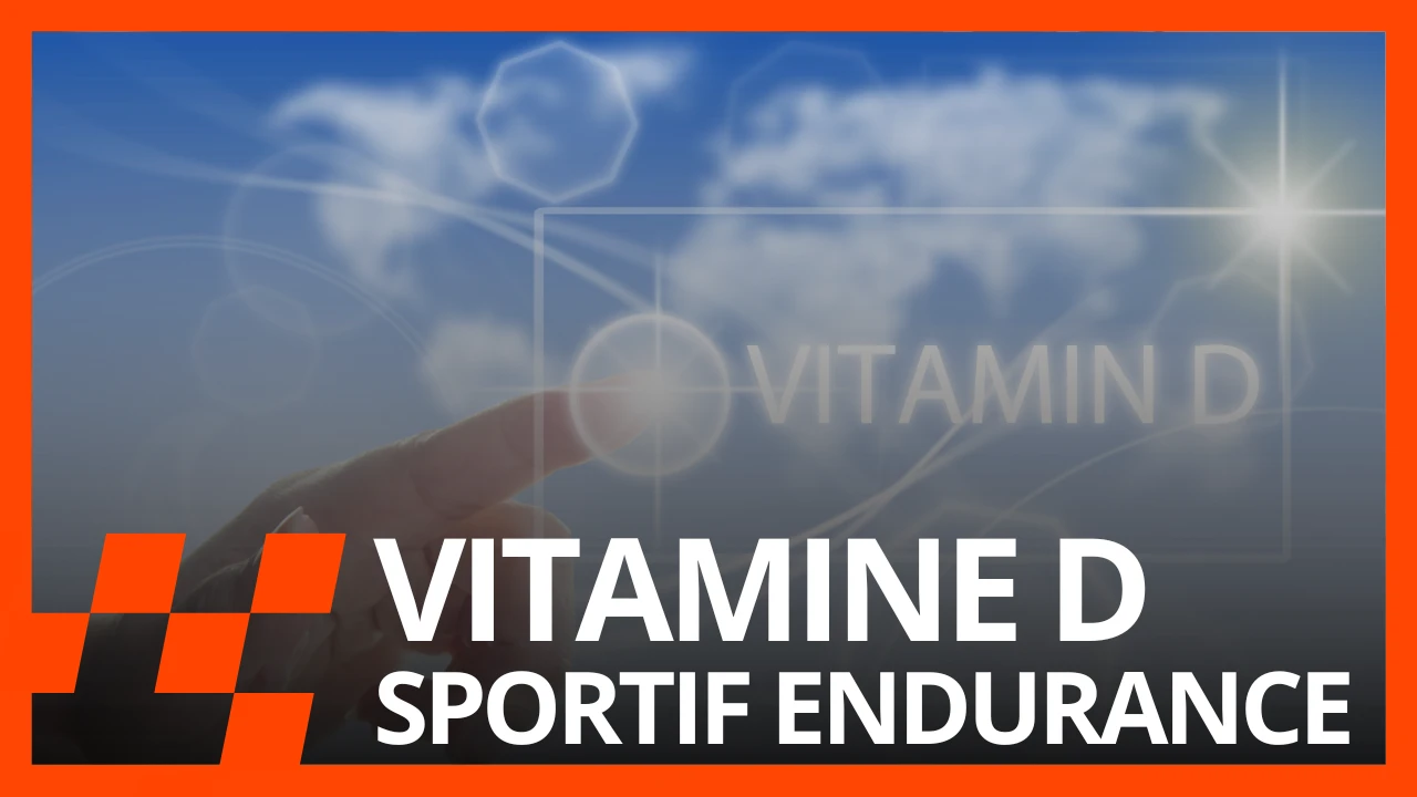 Un doigt pointe un bouton « Vitamin D » devant un ciel bleu et une carte du monde, avec le texte « Vitamine D, sportif endurance »