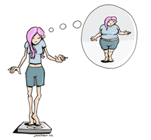 Illustration : une personne mince sur une balance se voit en surpoids dans sa bulle de pensée